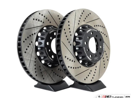 BMW E60 M5 / E63 E64 M6 Front Brake Discs Rotors 2-Piece 374mm x 36mm Semi-Floating Slotted Grooved Drilled Vented Lightweight Pair - Performance Upgrade for S85 V10 - ECS Tuning OEM Replacement Fast Road & Track