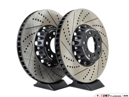 BMW E60 M5 / E63 E64 M6 Front Brake Discs Rotors 2-Piece 374mm x 36mm Semi-Floating Slotted Grooved Drilled Vented Lightweight Pair - Performance Upgrade for S85 V10 - ECS Tuning OEM Replacement Fast Road & Track