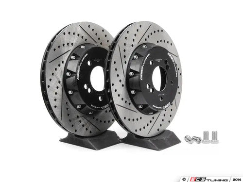 ECS Tuning 2-Piece Lightweight Rear Brake Discs/Rotors 350mm (350x24), Semi-Floating, Drilled & Grooved - BMW 1M E82, E90 E92 E93 M3, E90 E91 E92 E93 3 Series M Performance 350mm Rear Brake Upgrade - Pair