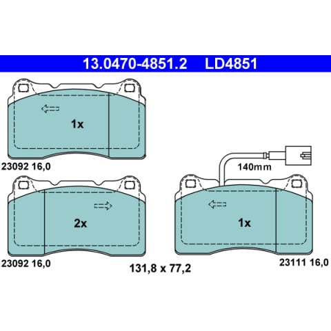 ATE Ceramic Brake Pad Set 13.0470-4851.2 (13047048512) for Alfa Romeo 159 with Brembo Calipers, Low Dust, Wear Sensor/Warning Contact, OEM Quality
