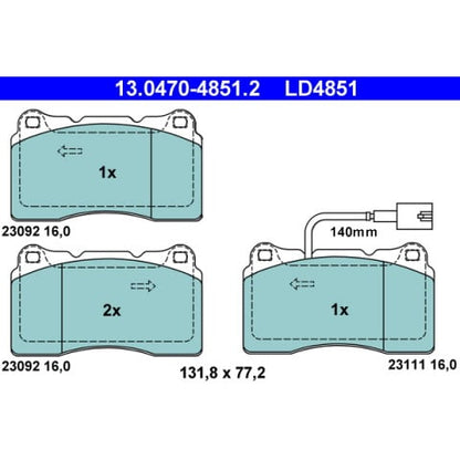 ATE Ceramic Brake Pad Set 13.0470-4851.2 (13047048512) for Alfa Romeo 159 with Brembo Calipers, Low Dust, Wear Sensor/Warning Contact, OEM Quality
