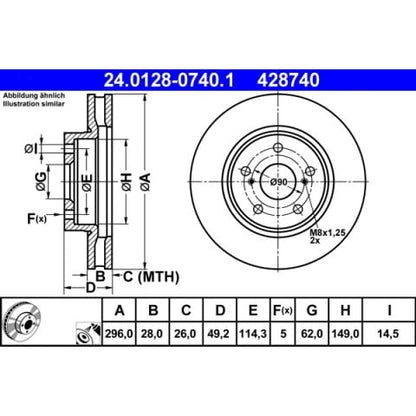 ATE 24.0128-0740.1 (24 0128 0740 1 / 24-0128-0740.1) Coated Vented Brake Disc/Rotor 296mm x 28mm 5-Stud/5-Bolt Anti-Corrosion OE-Spec OEM Quality Direct-Fit Replacement
