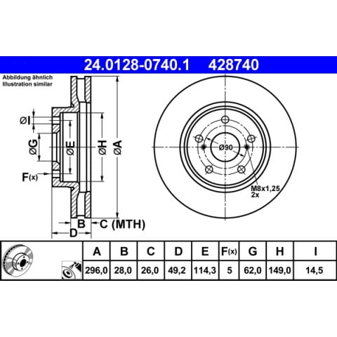 ATE 24.0128-0740.1 (24 0128 0740 1 / 24-0128-0740.1) Coated Vented Brake Disc/Rotor 296mm x 28mm 5-Stud/5-Bolt Anti-Corrosion OE-Spec OEM Quality Direct-Fit Replacement