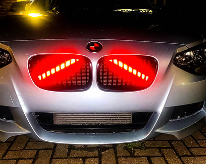 Light-Reactive Red V-Brace Wrap Sticker for BMW – Reflective Glow Front Crash Bar / Grille/Grill Bar Vinyl Decal Overlay Kit (2 Strips) | Kidney Grille Accent | Engine Bay Front Brace Cover | V-Bar Sticker | Slam Panel Accent | Radiator Support Wrap