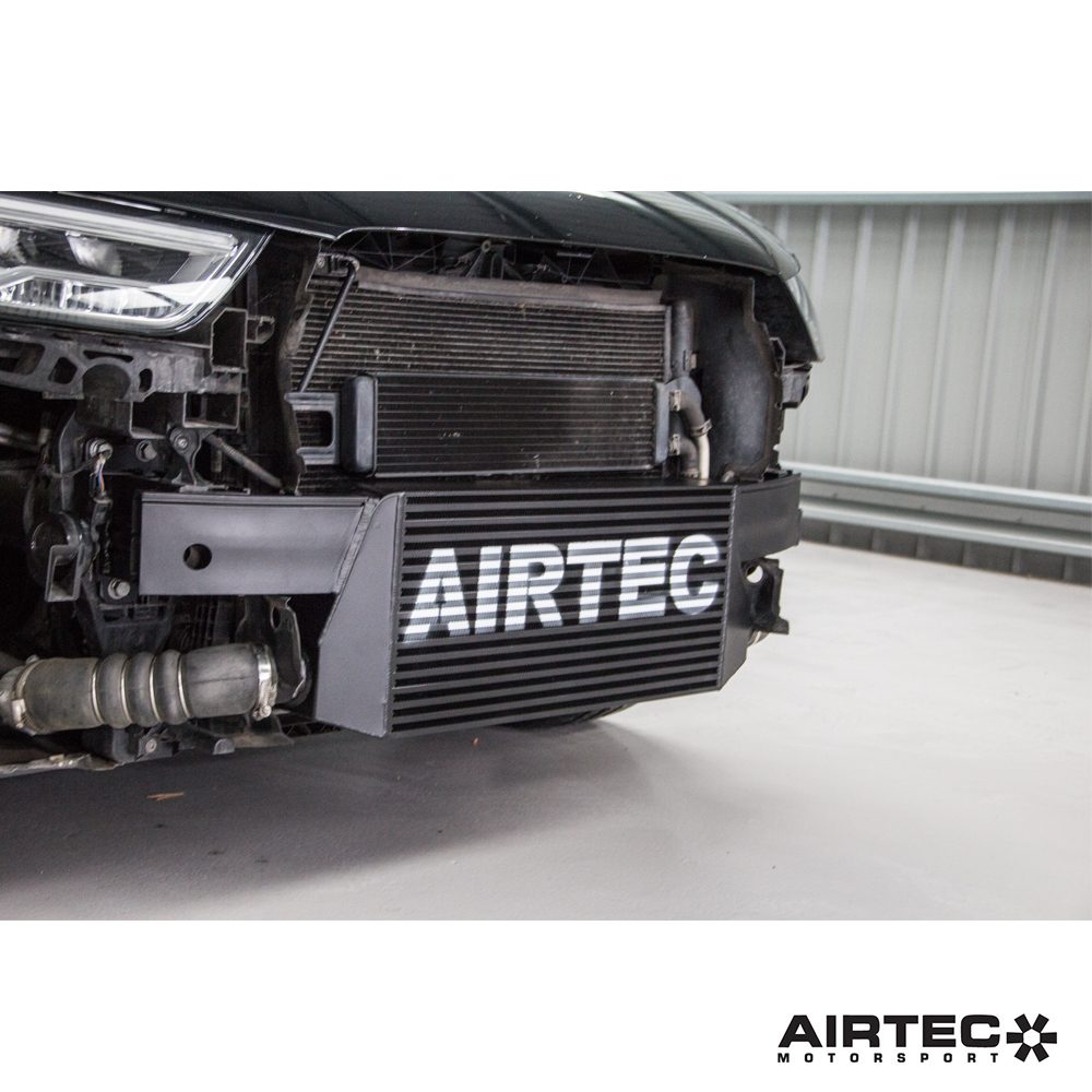 AIRTEC Motorsport Front Mount Intercooler / Charge Cooler Kit for Audi RSQ3 8U (RS Q3 2.5 TFSI, 2013-2018) - Pro-Series 90mm Single Pass Bar & Plate Core, Black - Direct Fit FMIC Upgrade with Integrated Crash Bar - Uprated Stage 1/2 Cooling