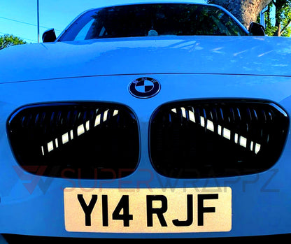 Glow White V-Brace/V-Support Decals for BMW – Kidney Grille V Bar Sticker Overlay Vinyl Wrap | Luminous Front Radiator Support/Crash Bar Accent Film | Glow Effect, DIY Removable, UK Made