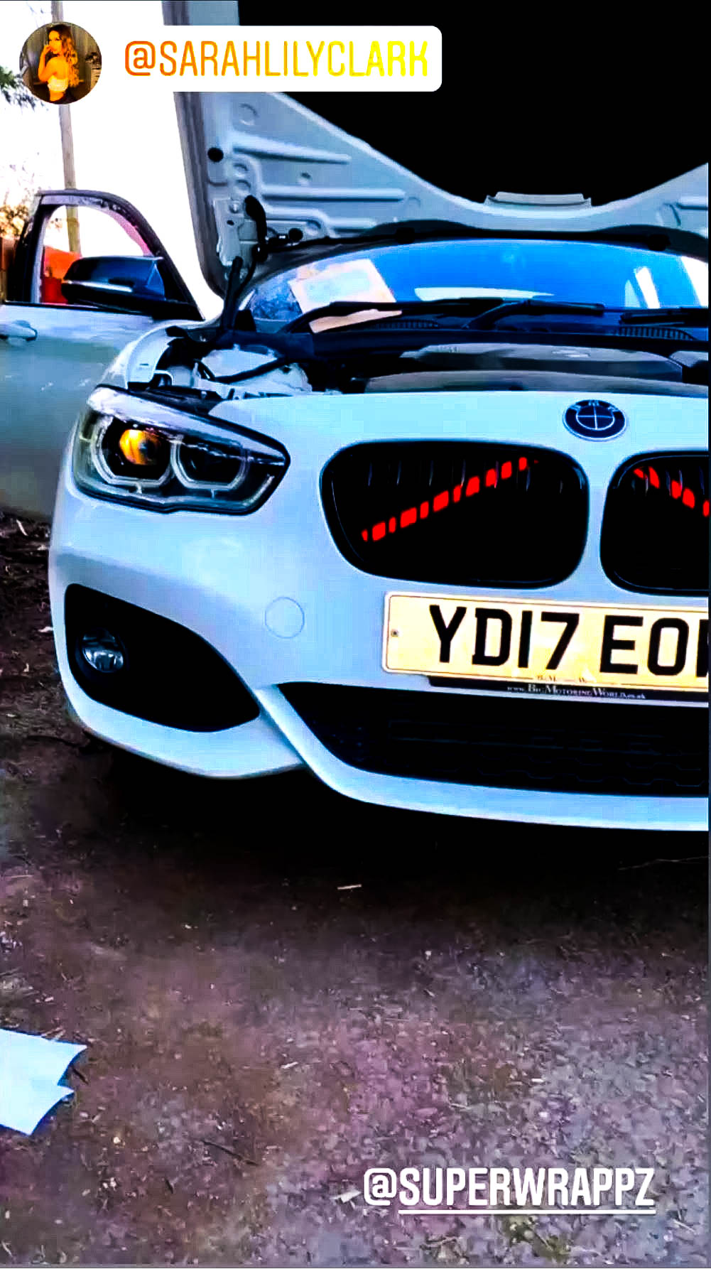 Light-Reactive Red V-Brace Wrap Sticker for BMW – Reflective Glow Front Crash Bar / Grille/Grill Bar Vinyl Decal Overlay Kit (2 Strips) | Kidney Grille Accent | Engine Bay Front Brace Cover | V-Bar Sticker | Slam Panel Accent | Radiator Support Wrap