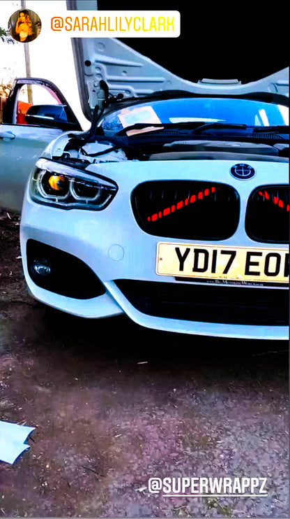 Light-Reactive Red V-Brace Wrap Sticker for BMW – Reflective Glow Front Crash Bar / Grille/Grill Bar Vinyl Decal Overlay Kit (2 Strips) | Kidney Grille Accent | Engine Bay Front Brace Cover | V-Bar Sticker | Slam Panel Accent | Radiator Support Wrap