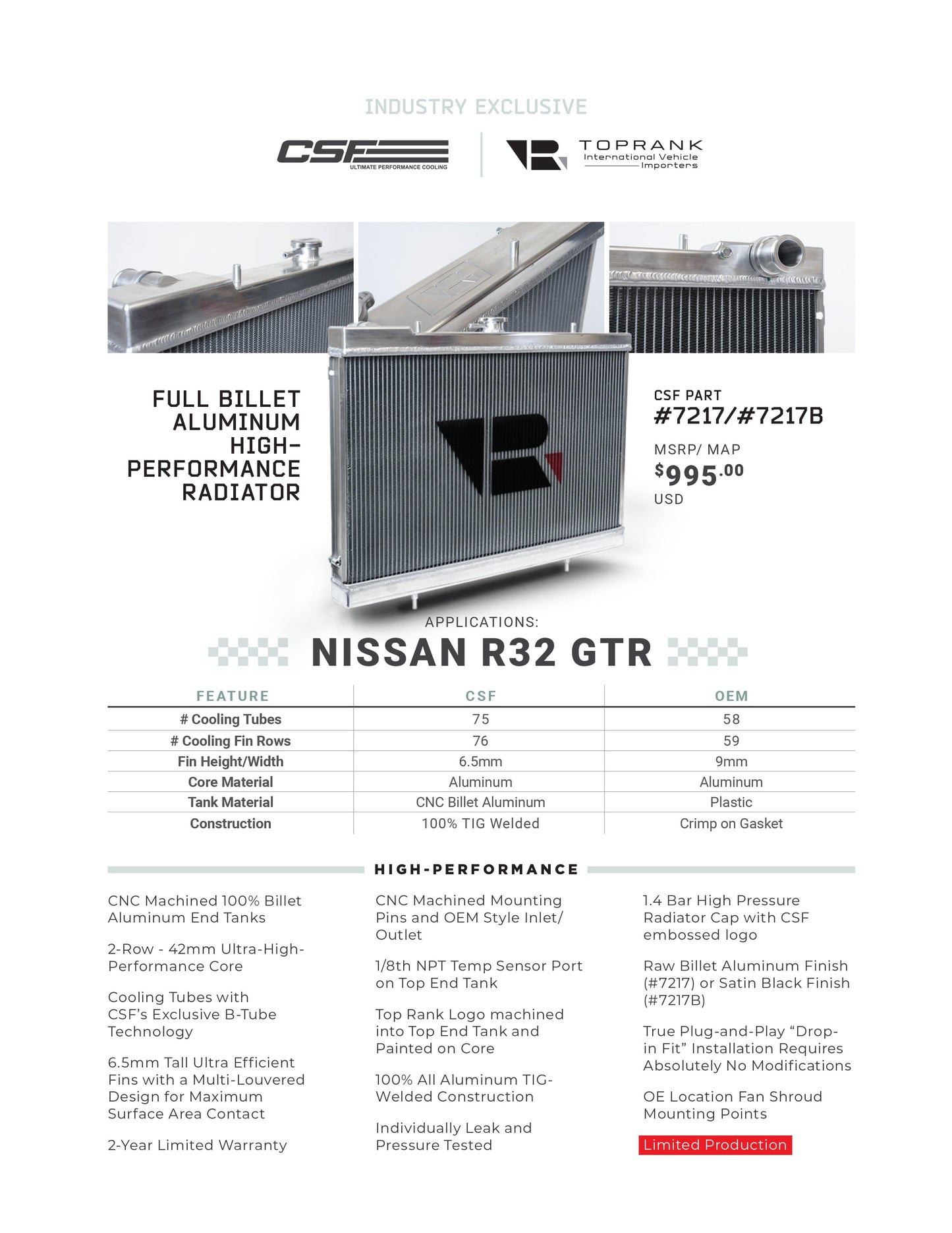 CSF R32 Skyline GT-R/GTS Full Billet Aluminum High-Performance Radiator - Raw Billet