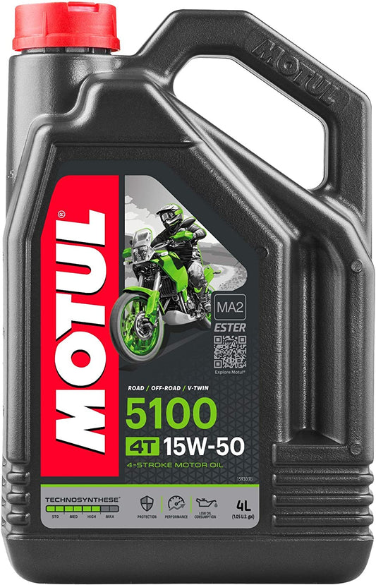 Motul 5100 4T 15W-50 Ester Semi-Synthetic 4-Stroke Motorcycle Motorbike Engine Oil 4L (4 Litre), Technosynthese, Wet Clutch Safe, Street & Off-Road, Dirt/Enduro, ATV/UTV, BMW Ducati 15W50