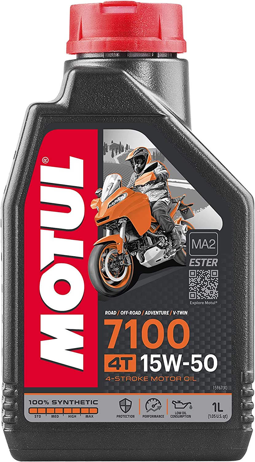 Motul 7100 4T 15W-50 Fully Synthetic Ester Motorcycle/Motorbike Engine Oil 1L (1 Litre) - JASO MA2 Wet Clutch Safe, 4-Stroke Racing & Track Day - 15W50 Sportbike, V-Twin, Adventure - Ducati KTM BMW, Scooter, ATV, UTV