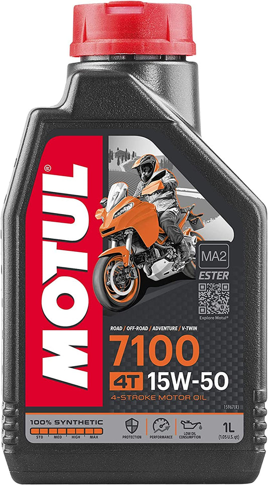 Motul 7100 4T 15W-50 Fully Synthetic Ester Motorcycle/Motorbike Engine Oil 1L (1 Litre) - JASO MA2 Wet Clutch Safe, 4-Stroke Racing & Track Day - 15W50 Sportbike, V-Twin, Adventure - Ducati KTM BMW, Scooter, ATV, UTV