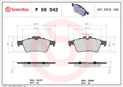Genuine Brembo P-59-042 P 59 042 P59042 Brake Pad Set - Disc Pads for Teves/ATE Calipers 123x52x17mm - OEM Spec Replacement, Wear Sensor Slot/Indicator Ready - Car Brake Pads UK