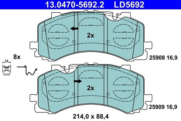 ATE Brake Pad Set 13.0470-5692.2 (13047056922) OE Disc Brake Pads for Akebono Calipers/Callipers – Wear Indicator Ready, No Wear Sensor – Fitting Hardware Included – Genuine ATE OEM Replacement Kit