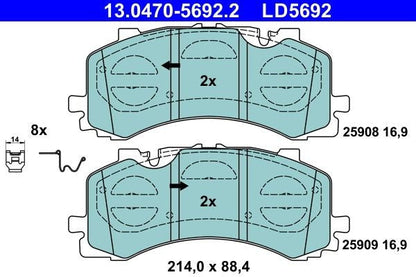 ATE Brake Pad Set 13.0470-5692.2 (13047056922) OE Disc Brake Pads for Akebono Calipers/Callipers – Wear Indicator Ready, No Wear Sensor – Fitting Hardware Included – Genuine ATE OEM Replacement Kit
