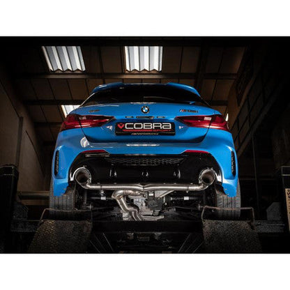 Cobra Sport BMW M135i xDrive F40 (2019+) OPF/GPF/PPF-Back Valved/Non-Valved Performance Exhaust System - 3in (76.2mm) Centre & Rear Sections, Rear Silencer/Back Box Delete, Axle-Back Cat-Back Alternative, Mid Pipe Upgrade, Carbon Fibre 4in Tips