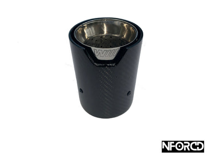 BMW Carbon Fibre/Carbon Fiber Exhaust Tips Tailpipe Trims/Finishers/Covers – M Style Slip-On Clamp-On Gloss Carbon with Silver Inlet – 60-63mm or 64-67mm – Fits M2 M3 M4 F/G Series, Twin or Quad Exit – UK Stock