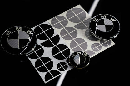 Silver and Gloss Black Carbon effect Badge Emblem Over lays BMW