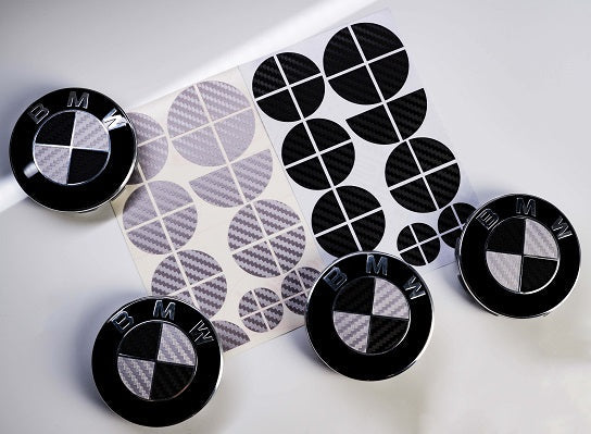 Silver and Gloss Black Carbon effect Badge Emblem Over lays BMW