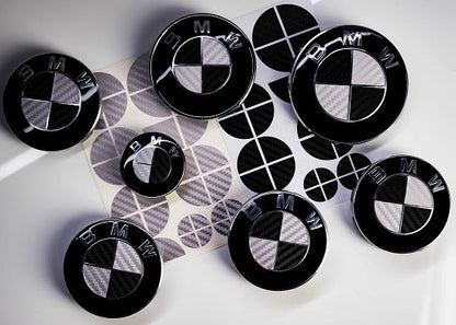 Silver and Gloss Black Carbon effect Badge Emblem Over lays BMW