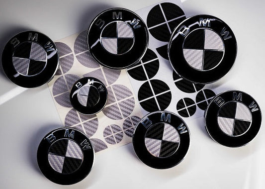 Silver and Gloss Black Carbon effect Badge Emblem Over lays BMW