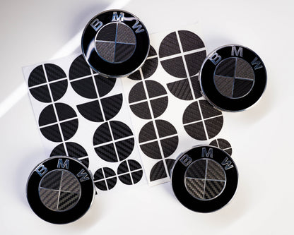 BMW Roundel Overlays Carbon Effect (Carbon Fibre Look) Black & Dark Grey – Badge Skins, Emblem/Roundel Covers, Logo Decals/Stickers – Pre-Cut Vinyl for Bonnet, Boot, Wheel Centre