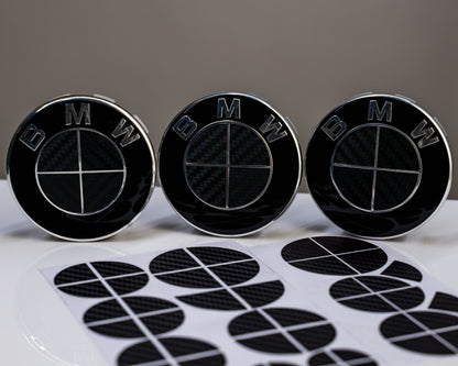 BMW Roundel Overlay Kit – Gloss Black Carbon-Look Badge/Emblem Logo Vinyl Skins, Decals & Covers for Bonnet/Hood, Boot/Trunk, Steering Wheel and Wheel Centre Caps