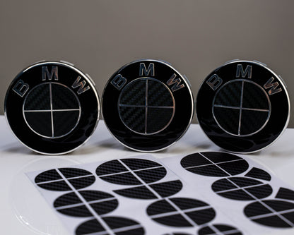 BMW Roundel Overlay Kit – Gloss Black Carbon-Look Badge/Emblem Logo Vinyl Skins, Decals & Covers for Bonnet/Hood, Boot/Trunk, Steering Wheel and Wheel Centre Caps