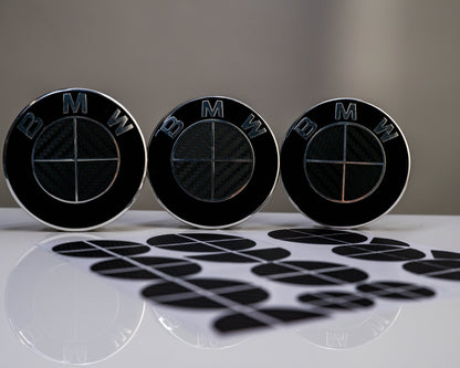 BMW Roundel Overlay Kit – Gloss Black Carbon-Look Badge/Emblem Logo Vinyl Skins, Decals & Covers for Bonnet/Hood, Boot/Trunk, Steering Wheel and Wheel Centre Caps