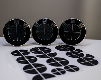 BMW Roundel Overlay Kit – Gloss Black Carbon-Look Badge/Emblem Logo Vinyl Skins, Decals & Covers for Bonnet/Hood, Boot/Trunk, Steering Wheel and Wheel Centre Caps