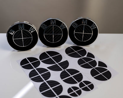 BMW Roundel Overlay Kit – Gloss Black Carbon-Look Badge/Emblem Logo Vinyl Skins, Decals & Covers for Bonnet/Hood, Boot/Trunk, Steering Wheel and Wheel Centre Caps