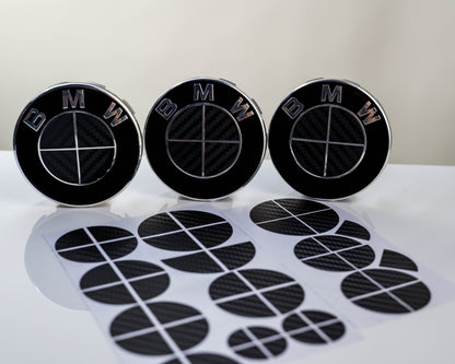 BMW Roundel Overlay Kit – Gloss Black Carbon-Look Badge/Emblem Logo Vinyl Skins, Decals & Covers for Bonnet/Hood, Boot/Trunk, Steering Wheel and Wheel Centre Caps