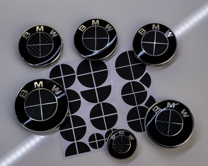 BMW Roundel Overlay Kit – Gloss Black Carbon-Look Badge/Emblem Logo Vinyl Skins, Decals & Covers for Bonnet/Hood, Boot/Trunk, Steering Wheel and Wheel Centre Caps