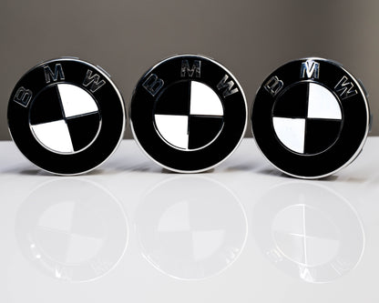 BMW Roundel Overlay Skins Kit – Gloss Piano Black & White Badge Emblem Stickers | Bonnet, Boot, Steering Wheel & Wheel Centre Cap Decals | Roundel Logo Covers Wrap | Monochrome Vinyl, Air‑Release, Removable | UK Made