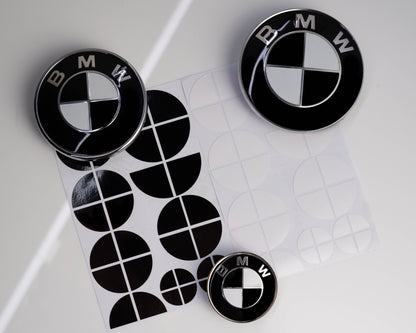 BMW Roundel Overlay Skins Kit – Gloss Piano Black & White Badge Emblem Stickers | Bonnet, Boot, Steering Wheel & Wheel Centre Cap Decals | Roundel Logo Covers Wrap | Monochrome Vinyl, Air‑Release, Removable | UK Made