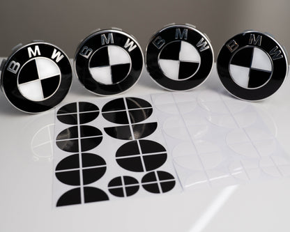 BMW Roundel Overlay Skins Kit – Gloss Piano Black & White Badge Emblem Stickers | Bonnet, Boot, Steering Wheel & Wheel Centre Cap Decals | Roundel Logo Covers Wrap | Monochrome Vinyl, Air‑Release, Removable | UK Made