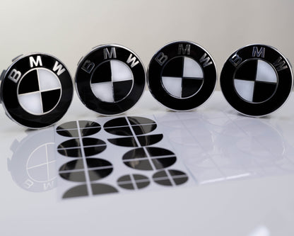 BMW Roundel Overlay Skins Kit – Gloss Piano Black & White Badge Emblem Stickers | Bonnet, Boot, Steering Wheel & Wheel Centre Cap Decals | Roundel Logo Covers Wrap | Monochrome Vinyl, Air‑Release, Removable | UK Made