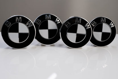 BMW Roundel Overlay Skins Kit – Gloss Piano Black & White Badge Emblem Stickers | Bonnet, Boot, Steering Wheel & Wheel Centre Cap Decals | Roundel Logo Covers Wrap | Monochrome Vinyl, Air‑Release, Removable | UK Made