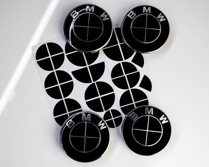 BMW Black Roundel Overlay Kit – Piano Gloss Black Badge/Emblem Logo Covers Decals (Bonnet, Boot, Steering Wheel, Wheel Centre Caps) Vinyl Blackout Roundel Delete De‑Blue Stickers Skin – Made in UK