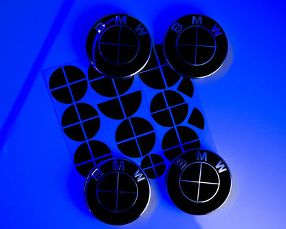 BMW Black Roundel Overlay Kit – Piano Gloss Black Badge/Emblem Logo Covers Decals (Bonnet, Boot, Steering Wheel, Wheel Centre Caps) Vinyl Blackout Roundel Delete De‑Blue Stickers Skin – Made in UK