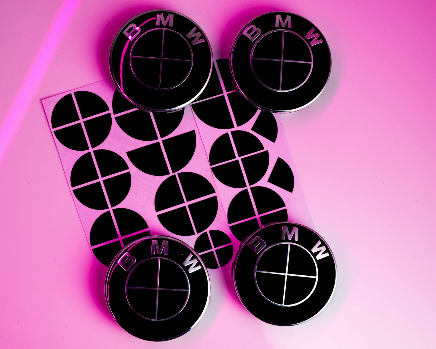 BMW Black Roundel Overlay Kit – Piano Gloss Black Badge/Emblem Logo Covers Decals (Bonnet, Boot, Steering Wheel, Wheel Centre Caps) Vinyl Blackout Roundel Delete De‑Blue Stickers Skin – Made in UK