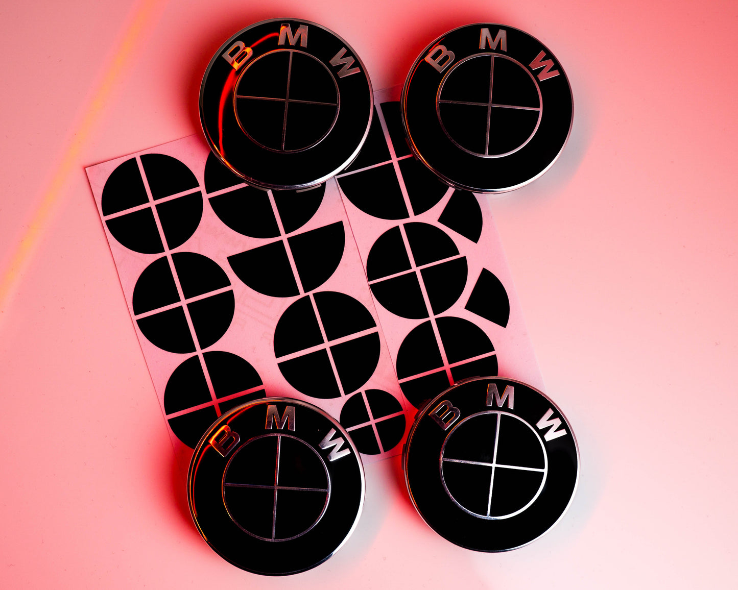 BMW Black Roundel Overlay Kit – Piano Gloss Black Badge/Emblem Logo Covers Decals (Bonnet, Boot, Steering Wheel, Wheel Centre Caps) Vinyl Blackout Roundel Delete De‑Blue Stickers Skin – Made in UK