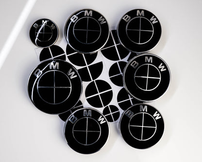 BMW Black Roundel Overlay Kit – Piano Gloss Black Badge/Emblem Logo Covers Decals (Bonnet, Boot, Steering Wheel, Wheel Centre Caps) Vinyl Blackout Roundel Delete De‑Blue Stickers Skin – Made in UK