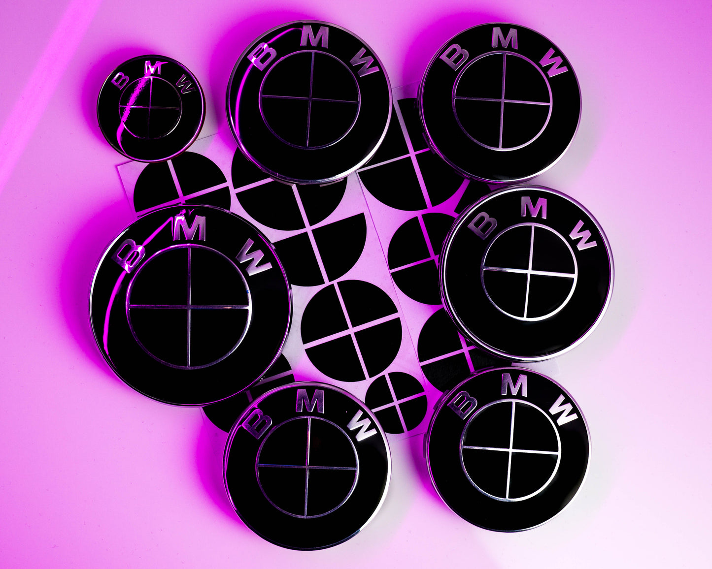 BMW Black Roundel Overlay Kit – Piano Gloss Black Badge/Emblem Logo Covers Decals (Bonnet, Boot, Steering Wheel, Wheel Centre Caps) Vinyl Blackout Roundel Delete De‑Blue Stickers Skin – Made in UK