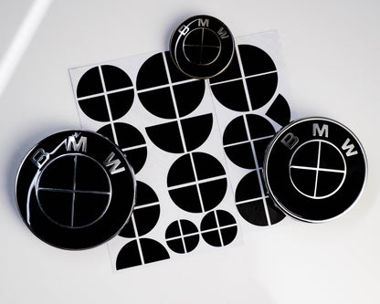 BMW Black Roundel Overlay Kit – Piano Gloss Black Badge/Emblem Logo Covers Decals (Bonnet, Boot, Steering Wheel, Wheel Centre Caps) Vinyl Blackout Roundel Delete De‑Blue Stickers Skin – Made in UK