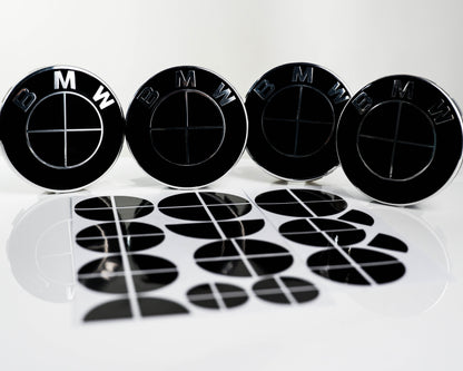 BMW Black Roundel Overlay Kit – Piano Gloss Black Badge/Emblem Logo Covers Decals (Bonnet, Boot, Steering Wheel, Wheel Centre Caps) Vinyl Blackout Roundel Delete De‑Blue Stickers Skin – Made in UK