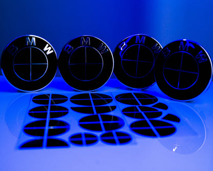 BMW Black Roundel Overlay Kit – Piano Gloss Black Badge/Emblem Logo Covers Decals (Bonnet, Boot, Steering Wheel, Wheel Centre Caps) Vinyl Blackout Roundel Delete De‑Blue Stickers Skin – Made in UK