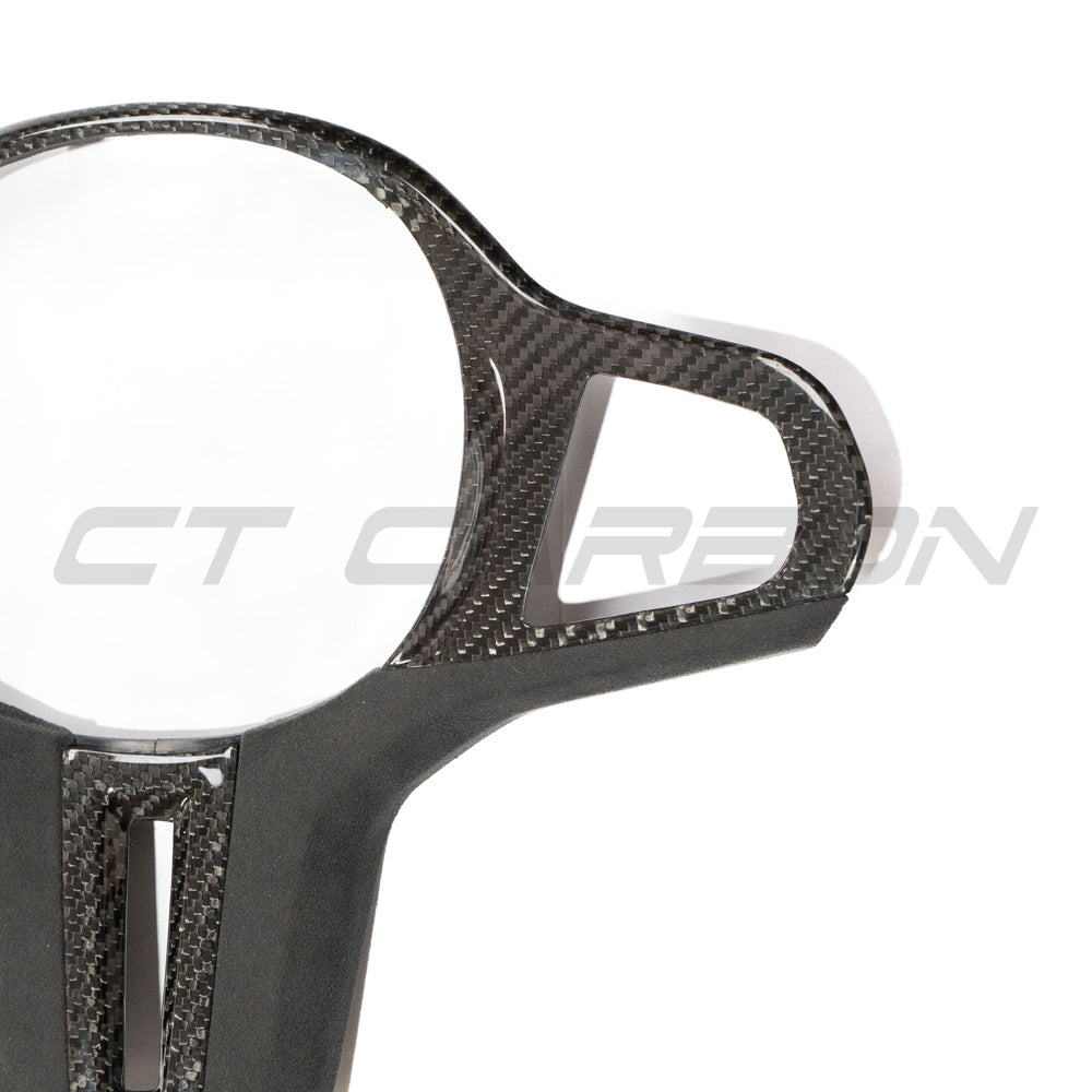 CT Carbon BMW G‑Series & M Models Steering Wheel Trim/Surround/Bezel/Insert Cover – Carbon Fibre with Alcantara – Fits 1 2 3 4 5 7 8 Series, M3 M4 M5 M8, X3 X4 X5 X6 (G20 G21 G80 G22 G82 G30 F90 G14 G15 G16 G01 G02 G05 G06) – M Sport, Non‑Heated
