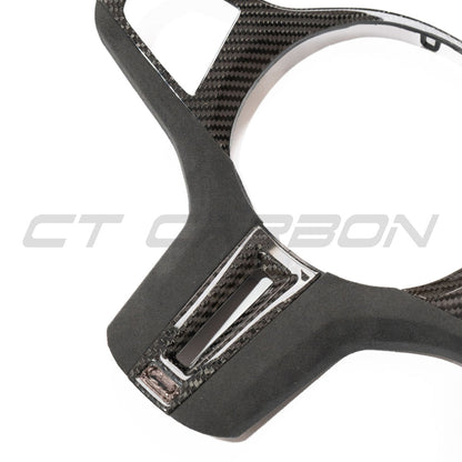 CT Carbon BMW G‑Series & M Models Steering Wheel Trim/Surround/Bezel/Insert Cover – Carbon Fibre with Alcantara – Fits 1 2 3 4 5 7 8 Series, M3 M4 M5 M8, X3 X4 X5 X6 (G20 G21 G80 G22 G82 G30 F90 G14 G15 G16 G01 G02 G05 G06) – M Sport, Non‑Heated
