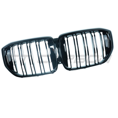 BMW X5 G05 LCI Facelift 2024+ Gloss Black Double Slat Kidney Grille Set – M Performance Style Shadowline Piano Black Front Radiator Grill Replacement OE-Style Fit ABS – De-Chrome Blacked-Out Twin Bar Front Grille